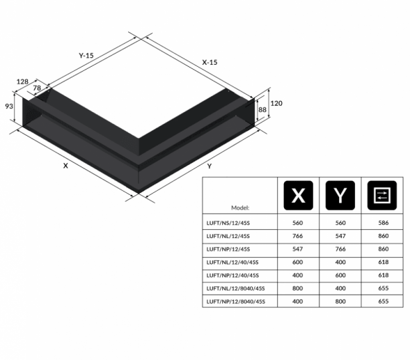 Решётка Kratki Luft 766х547х120 45S угловая левая черная