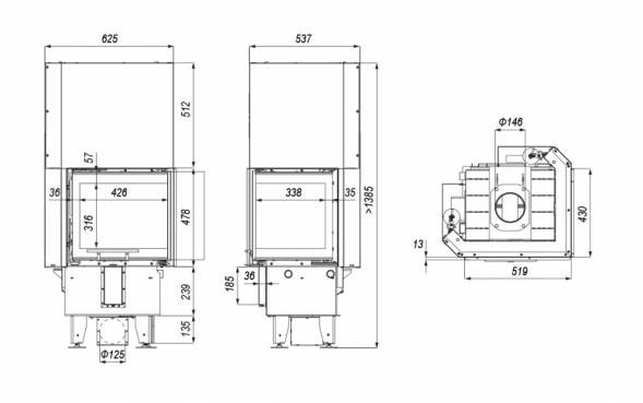 Топка DEFRO HOME INTRA XSM BL MINI G, 8 кВт, 519/478/430мм, угловое стекло слева, гильотина